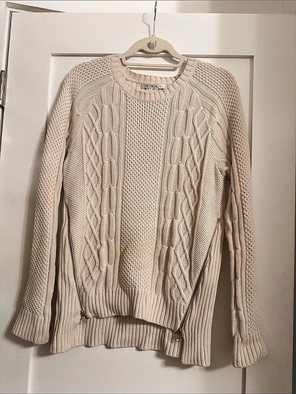 Cabi Cable Knit Crewneck Sweater in Beige